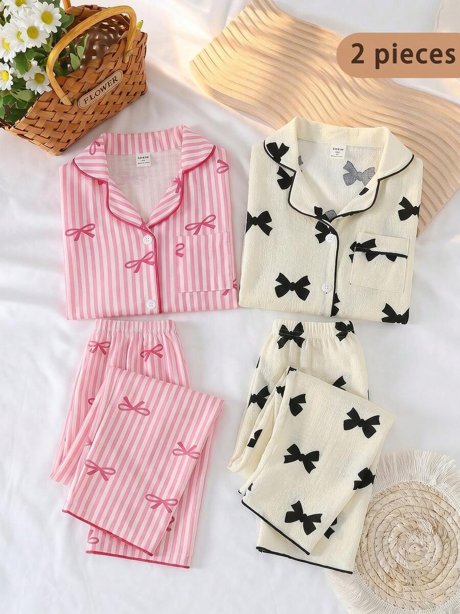 Girls' Apricot Bowknot Bubble Print Short Sleeve Pajama Set