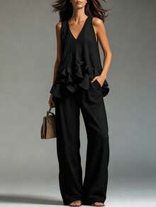 LUMIGAL Women's Solid Color Ruffle Hem Tank Top And Pants Casual Suit - Black - View 4