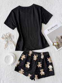 SHEIN 少女睡衣，舒适针织面料，可爱卡通熊印花 - 黑色 - 查看 2