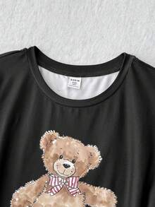 SHEIN 少女睡衣，舒适针织面料，可爱卡通熊印花 - 黑色 - 查看 3