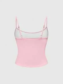 ROMWE Grunge Punk Áo hai dây camisole dây xích slogan màu hồng neon phong cách Y2K Baddie, phù hợp cho lễ hội âm nhạc mùa xuân/hè - Hồng - Xem 2