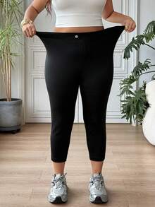 SHEIN EZwear 大码女式休闲纯色高腰修身七分裤，日常通勤百搭。 - 黑色 - 查看 6