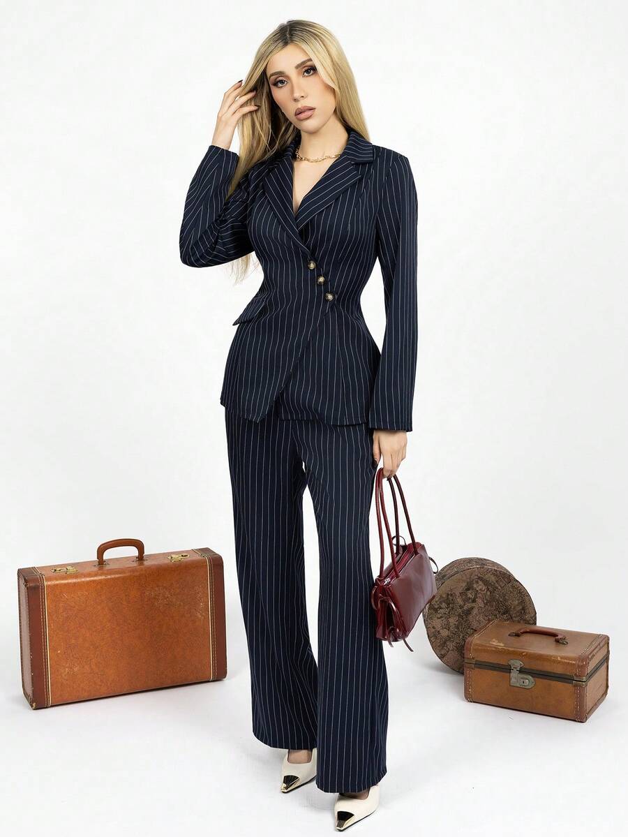 PRISCILA ESCOTO PRISCILA ESCOTO Women's Navy Blue Striped Asymmetric Lapel Single Pocket Design Waist Cinched Elegant Professional Formal Suit Jacket And Wide Leg Pants Two Pieces Set - Navy Blue - View 1