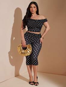 SHEIN BAE CURVE Plus Size Women's Black And White Asymmetrical Shoulder Top And Pencil Skirt Elegant Sexy Set Party Summer - Black and White - View 4