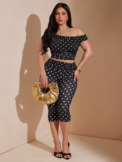 SHEIN BAE CURVE Ensemble élégant pour femmes grandes tailles, top à épaules dénudées et jupe crayon à pois noirs et blancs