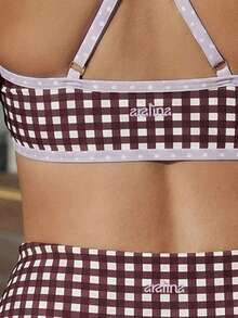 Aralina Bộ đồ thể thao năng động 2 mảnh dành cho nữ: Áo croptop ngắn in họa tiết kẻ caro với viền chấm bi tương phản và quần short tập gym. - Màu nâu Sô-cô-la - Xem 3