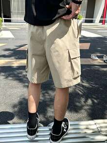 Manfinity Hypemode Men's Solid Color Casual Loose Drawstring Cargo Shorts With Pockets, Versatile For Summer, Holiday - Khaki - View 2