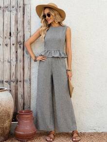 EMERY ROSE Women's Vacation Casual Elegant Tank Top And Pants 2 Pieces Set Vacation Gray Summer,Summer Outfits For Women Vacation - Grey - View 3