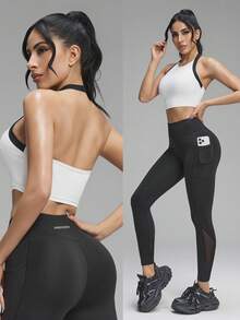 Innovista Innovista Women's Contrast Color Trim Backless Halter Top And Leggings Sports Suit,White Black Summer Athleisure Gym Outfit,Petite Workout Set Fitness Set - Black and White - View 3