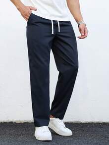 Manfinity Homme Men's Drawstring Waist Pockets Straight Leg Business Casual Pants, Formal - Navy Blue - View 6