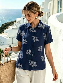 EMERY ROSE Women's Floral Embroidery Single-Breasted Casual Boho Shirt Vacation Navy Blue Floral Summer - Blue - View 3