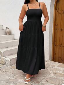 Sunnyshic Plus Size Women Solid Color Pleated Spaghetti Strap Dress, Spring/Summer - Black - View 7