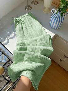 Comfortcana Plus Size Women's Solid Color Drawstring Waist Loose Casual Pants Fall - Green - View 6