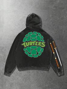 ROMWE MEN TEENAGE MUTANT NINJA TURTLES | ROMWE 男士字母卡通图案水洗连帽卫衣 - 黑色 - 查看 2