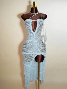 Mistrie Vestido de mujer con hombro descubierto, encaje transparente, volantes y bajo asimétrico - Celeste - Ver 1