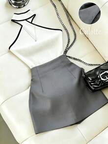SHEIN Franclia Bộ trang phục 2 món dành cho nữ, gồm áo cổ chéo màu đen phối cùng quần dài hai lớp màu xám thanh lịch, thích hợp cho việc đi làm hàng ngày vào mùa xuân/hè. - Màu be - Xem 2