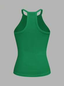 Slaydiva Women Sage Green Tropical Summer Casual Vacation Tank Top Solid Ribbed Crew Neck Racer Back Off-Shoulder Basic Versatile Sleeveless Vest Holiday - Green - View 2