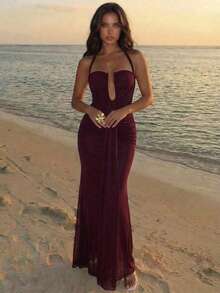 Aloruh Women's Burgundy Deep V-Neck Tie-Up Ruched Dress, Spring/Summer Event Formal Formal,Wedding Vacation Guests,Dresses For Women Summer Elegant - Purple - View 1