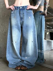 DAZY Celana Jeans Kasual Wanita dengan Hiasan Rhinestone yang Melimpah - Biru - View 8