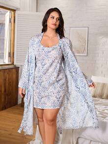 Serenescape Plus Size Printed Camisole Nightgown And Robe Set - Blue - View 7