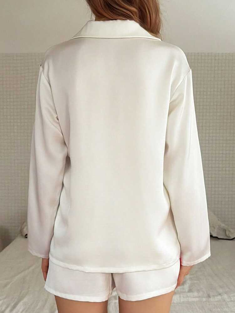 Women's Comfortable Casual Contrast Color Button Front Long Sleeve Top And Shorts Pajama Set