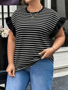 SHEIN CURVE+ 大码女式新款度假休闲通勤工作条纹拼接荷叶边短袖T恤 - 黑色 - 查看 3