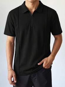 SHEIN 青少年男童黑色简约廓形 Polo 衫，休闲学院风，舒适时尚，百搭柔软面料，适合日常穿着、上学、旅行、返校季、假期、夏季海滩度假、春夏穿着。 - 黑色 - 查看 2