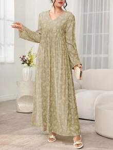 Al Najma Gaun Gaya Arab Model A-Line Lengan Panjang Berkerah V dengan Motif Retro Terbaru dan Pinggang Tinggi - Khaki - View 5