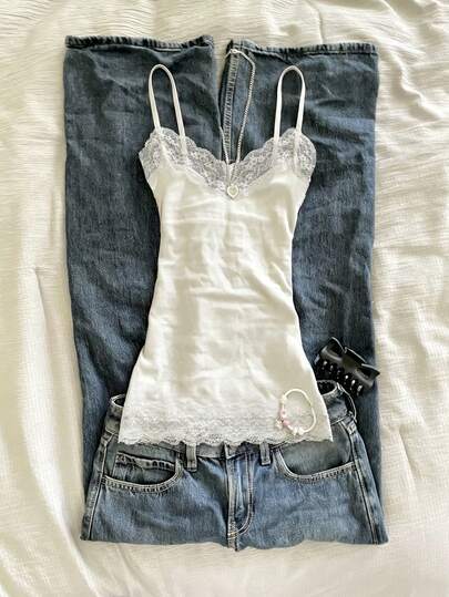Glimmora Women's Summer Casual Vacation Style Contrast Lace Slim Fit Camisole