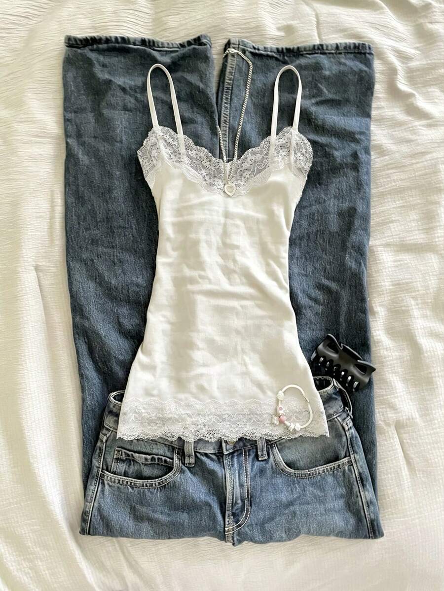 IslaSuriya 女士夏季休闲度假风撞色蕾丝修身吊带背心 - 白色 - 查看 1