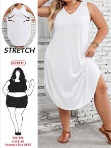 SHEIN CURVE+ 大码女式纯色弧形下摆背心连衣裙 - 白色 - 查看 1