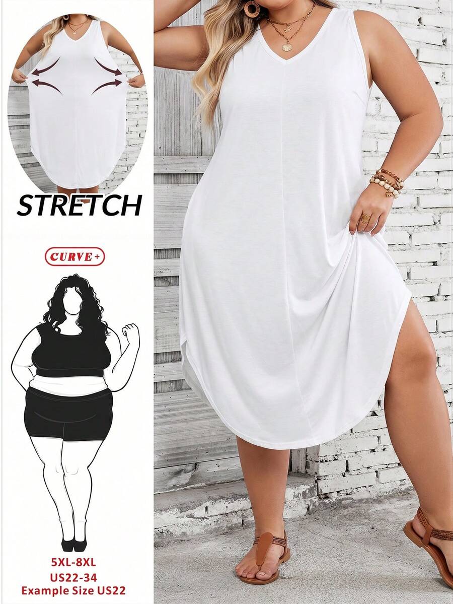 SHEIN CURVE+ 大码女式纯色弧形下摆背心连衣裙 - 白色 - 查看 1