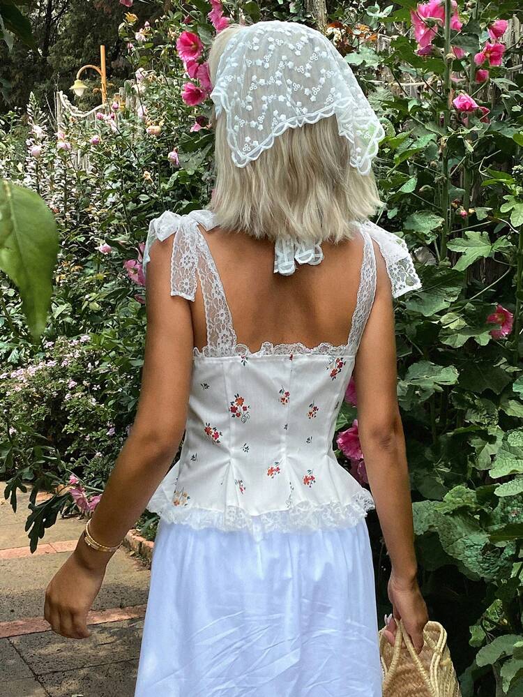 Ditsy Floral Lace-Up Bow Tie Cropped Casual Vacation Bohemian Summer Tank Top For Women