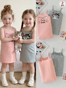 SHEIN Bộ váy 2 món cho bé gái, phong cách thường ngày, thoải mái, mềm mại, dễ thương, in hình mèo, không tay - Nhiều màu - Xem 6