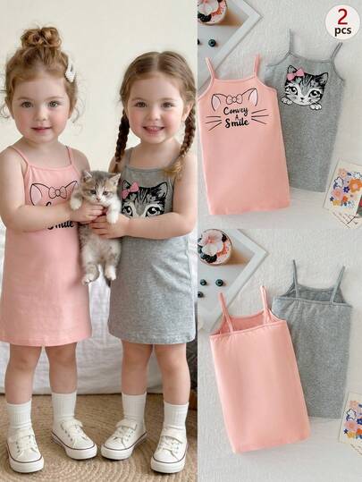SHEIN Bộ váy 2 món cho bé gái, phong cách thường ngày, thoải mái, mềm mại, dễ thương, in hình mèo, không tay