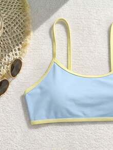 Swim Mod 2025女款新款3件組細肩帶無鋼圈純色比基尼泳衣，含兩件泳褲下身 - 藍色 - 查看 4