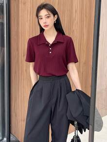 DAZY Solid Color Button Placket Henley Neck Ribbed Short Sleeve T-Shirt Summer,Business Casual Women - Burgundy - View 3