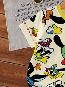 Set de 2 piezas de camiseta de manga corta con estampado de perro y pantalones cortos para niños pequeños, esquema de color retro y lindo, corte holgado, creando un atuendo de verano alegre y adorable - Multicolor - Ver 6