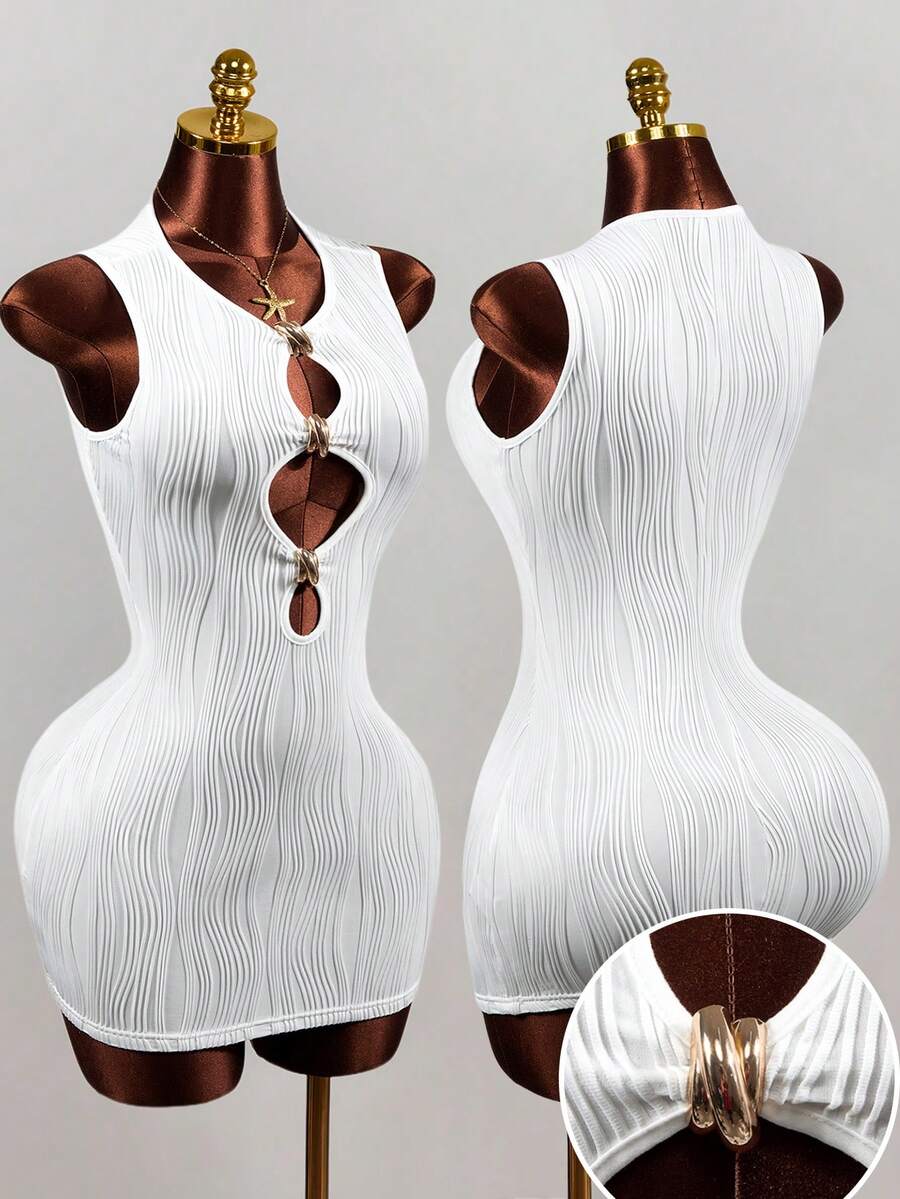 Mistrie Elegant Sexy Fashion Hollow Textured White Mini Sleeveless Dress Metal Decor Button Summer Techno Club Night Out Rave Suitable For Party Vacation - White - View 1