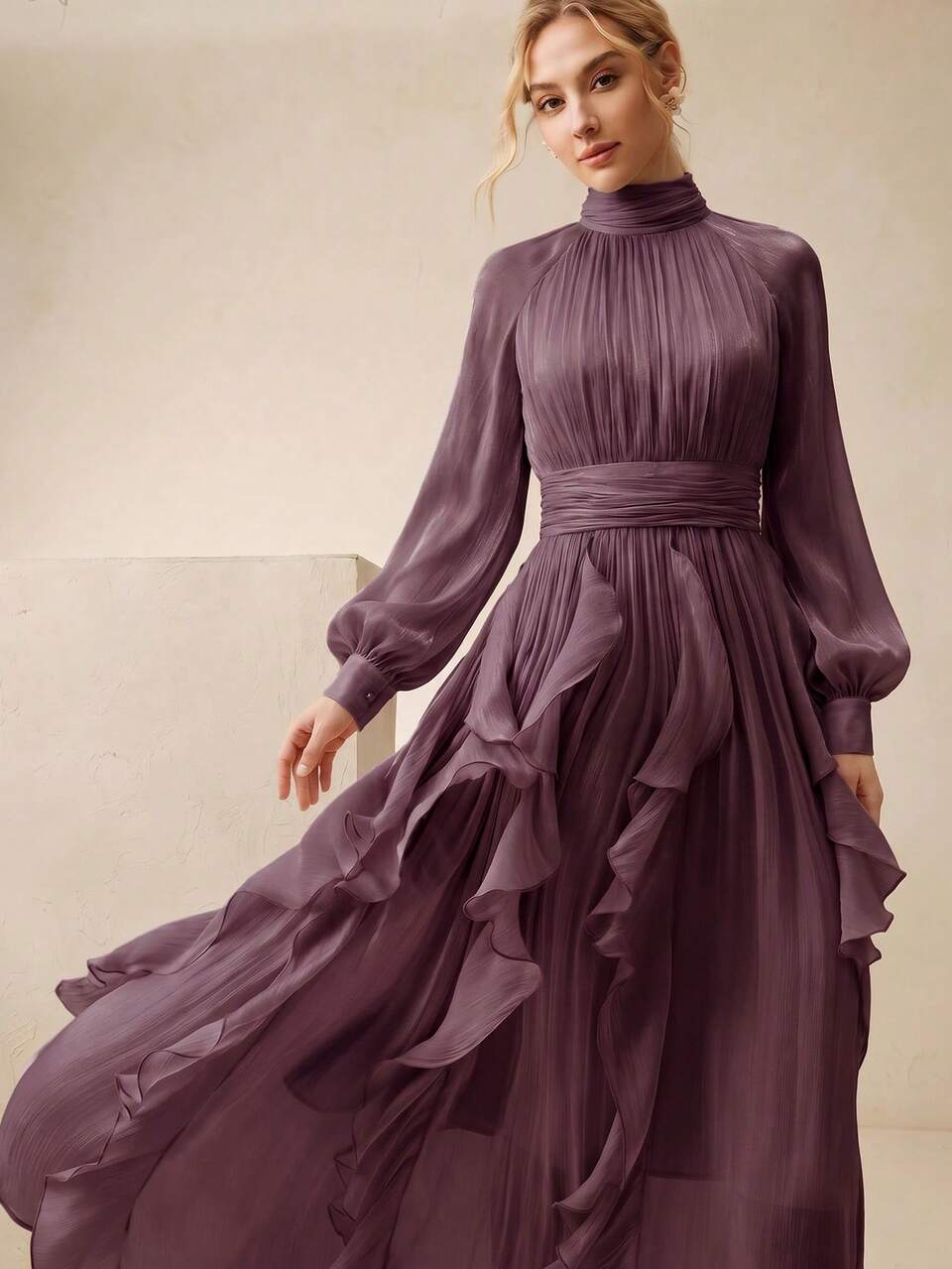 Women's New Elegant Long Sleeve Halter Dress With Waist Pleats, Shiny Wavy Hem Flared Skirt, Purple Color, Suitable For Banquet, Party, Gathering