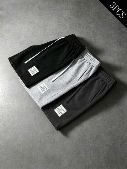 TOKVUE 3pcs Men's Casual Sports & Daily Wear Letter Patched Drawstring Waist Loose Shorts, Versatile For Summer