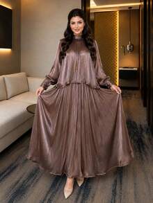 SHEIN Lady CURVE 优雅大码女装两件套：雪纺系领宽松长袖上衣和A字长裙，质感面料，通勤风格，春夏款 - 棕色 - 查看 3