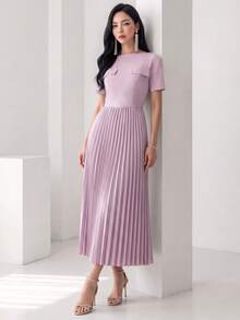 Heiryn Vestido Plissado Elegante de Cor Sólida de Comprimento Médio, Verão - Rosa Bebê - Visão 4