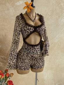 Soleia Mono largo de manga larga con escote en V profundo y estampado de leopardo vintage para vacaciones de mujer - Café integral - Ver 7