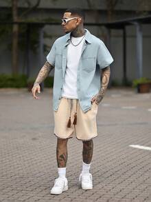 Devon Thys Áo sơ mi denim vá túi cotton cho nam không có áo phông, trang phục dạo phố thiết yếu - Rửa nhẹ - Xem 1