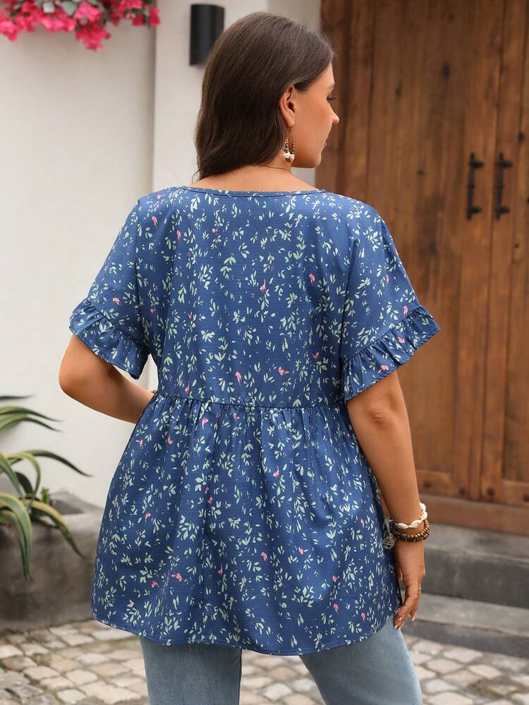 Plus Size Women's Printed Round Neck Ruffle Sleeve Casual Vacation Shirt