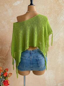 Soleia Lime Green Summer Boho Breezy European Jamican Tropical Sexy Vacation 2-In-1 Off Shoulder Fringe Knit Sweater Top Beach Music Festival - Green - View 2