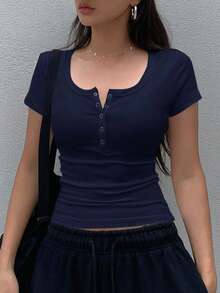 Dazy Star Women's Short Sleeve T-Shirt With Henley Neckline,Crop Tops Women - Navy Blue - View 4