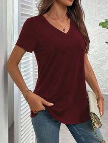 EMERY ROSE Plus Size Solid Short-Sleeved Casual V Neck T-Shirt For Summer - Burgundy - View 5