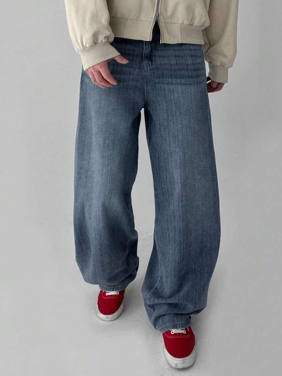 DAZY Pantalones vaqueros largos de hombre con lavado azul, textura de tela desgastada - Azul - Ver 1